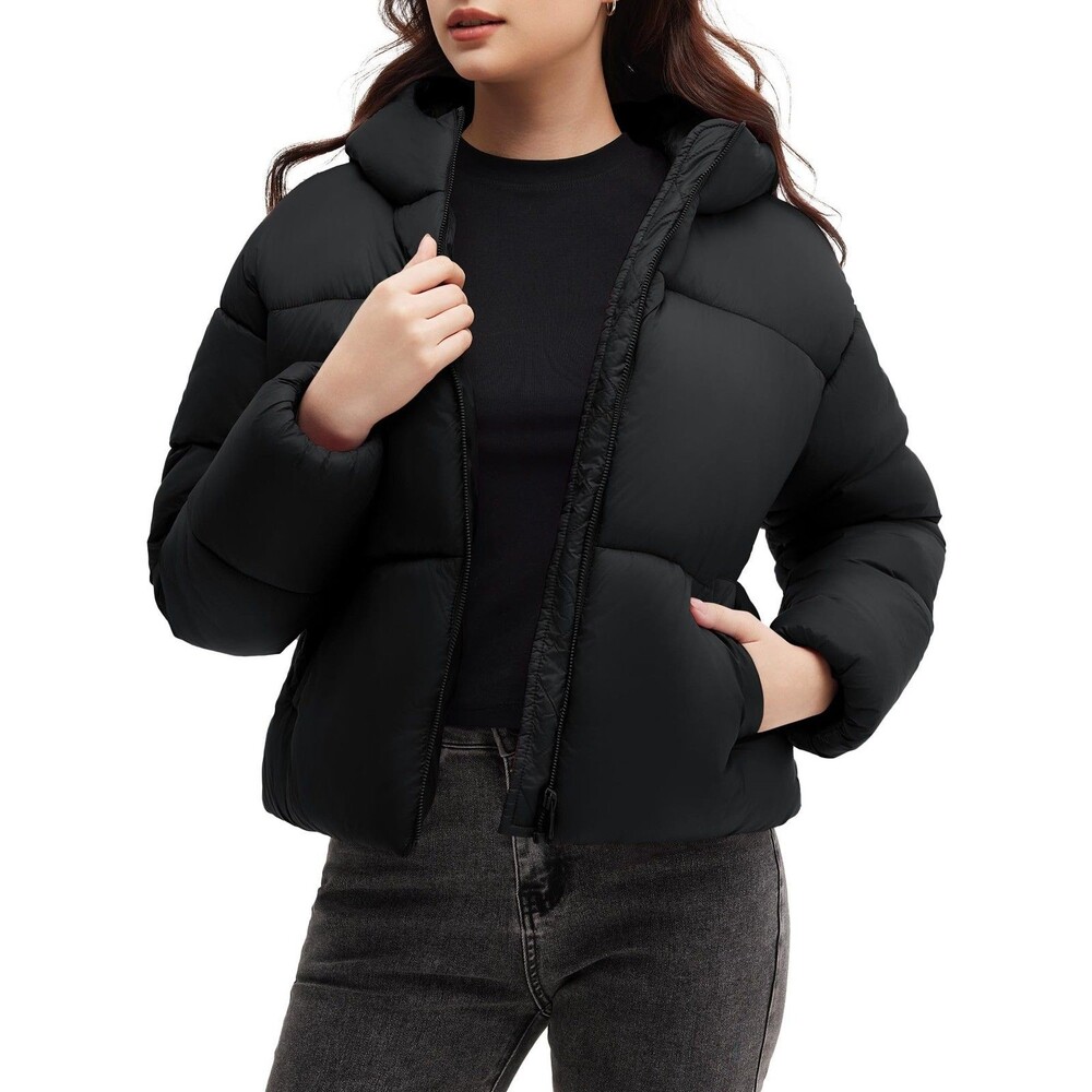 Polu Women's Cropped Puffer Jacket Black Size M Hooded Full Zip Quilted New